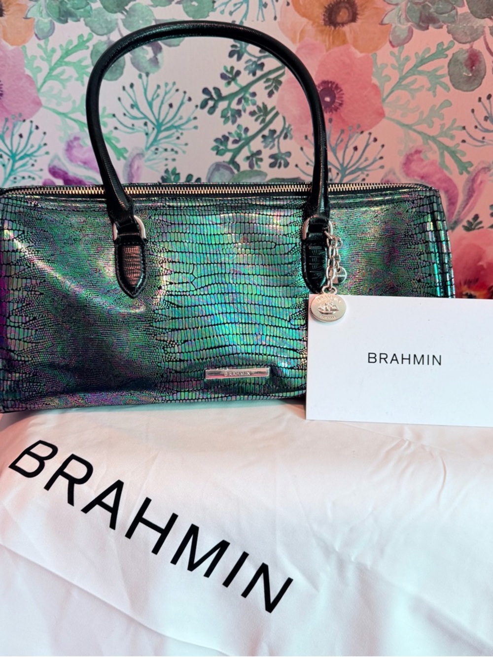 Brahmin Iridescent Green Croc-Embossed Tote with Black Handles